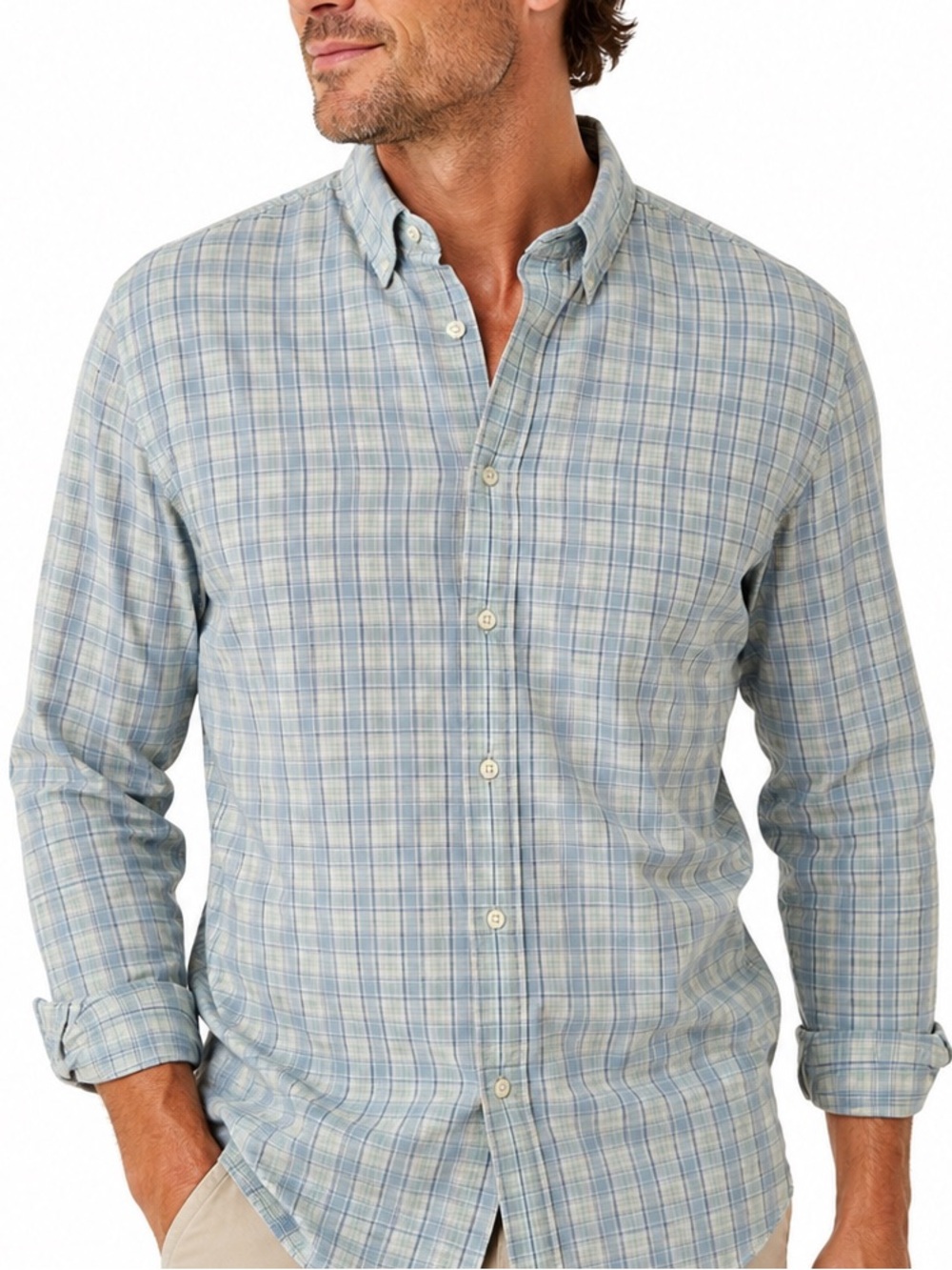 Faherty XL Blue Plaid Button Down Supima Cotton Stretch Shirt